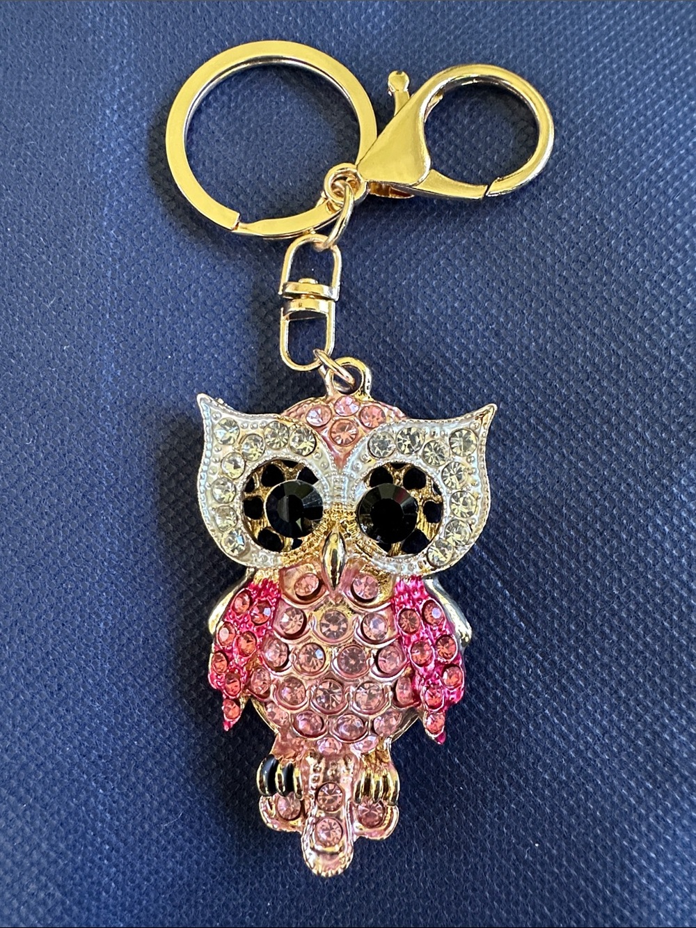 Rhinestone Owl Keychain Charm in Pink and Gold